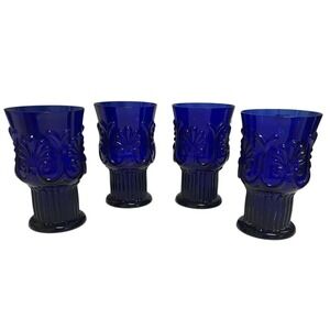 Four Cobalt Blue Portugal Pedestal Glasses‎ Tumblers Ribbed and Shell Pattern 5"
